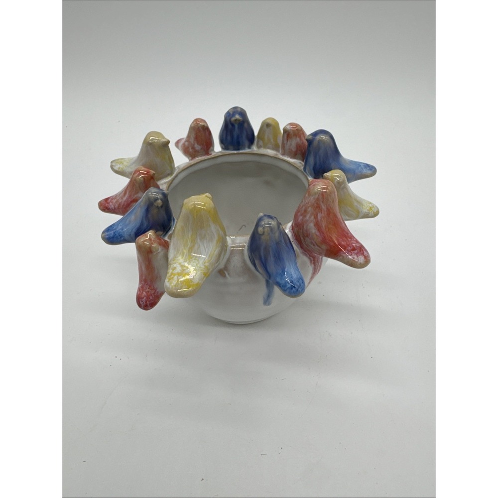 Creative Co-Op Birds on Rim Small Stoneware Planter Reactive Glaze Colorful Pot